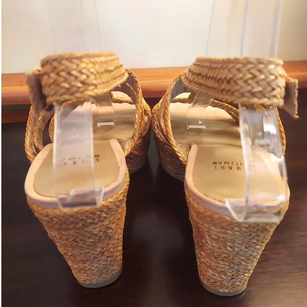 Stuart Weitzman Bohemian Tan Woven Raffia Wedge Resortwear Sandals Womens 8.5 M